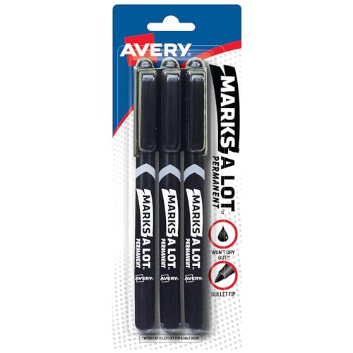 Avery Marks-A-Lot Permanent Markers, Pen-Style Size, Bullet Tip, Water and Wear Resistant, 3 Black Markers (29837) - size: 1 Count (Pack of 1)