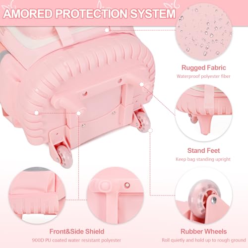 DIGOBAY Rolling Backpack for Girls, Roller School Bag with Wheels, Wheeled Backpacks with Lunch Bag Pencil case for Elementary School Bookbags with Cute Pins Pink - color: Pink