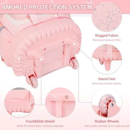 DIGOBAY Rolling Backpack for Girls, Roller School Bag with Wheels, Wheeled Backpacks with Lunch Bag Pencil case for Elementary School Bookbags with Cute Pins Pink - color: Pink