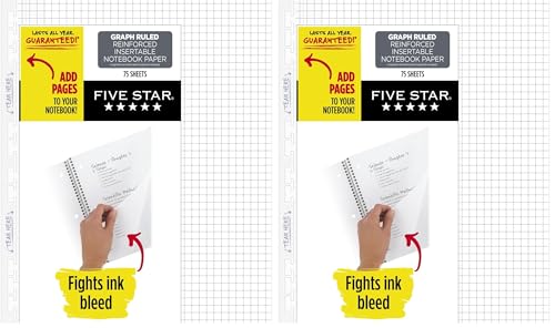 Five Star Insertable Loose Leaf Paper, Notebook Paper, Graph Paper to Add Pages, Reinforced Filler Paper, 8.5 x 11, 75 Sheets (17018) (Pack of 2) - size: 2 Pack