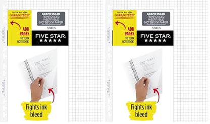 Five Star Insertable Loose Leaf Paper, Notebook Paper, Graph Paper to Add Pages, Reinforced Filler Paper, 8.5 x 11, 75 Sheets (17018) (Pack of 2) - size: 2 Pack