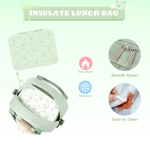 ACESAK Backpack for Girls with Bento Box - 4 PCS Cute Girls Backpack with Lunch Box, Pencil Case & Bento Box Set - 43oz Leakproof Lunch Box Kids Snack Containers Set Back to School Supplies (Green) - color: Green