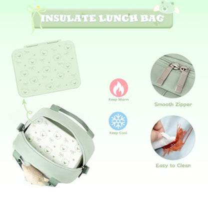 ACESAK Backpack for Girls with Bento Box - 4 PCS Cute Girls Backpack with Lunch Box, Pencil Case & Bento Box Set - 43oz Leakproof Lunch Box Kids Snack Containers Set Back to School Supplies (Green) - color: Green