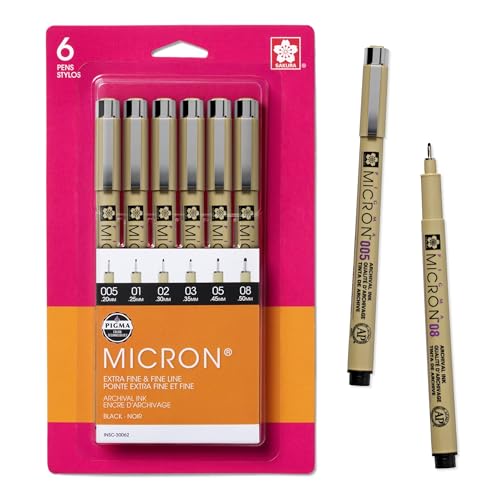 SAKURA Pigma Micron Fineliner Pens - Archival Black Ink Pens - Pens for Writing, Drawing, or Journaling - Assorted Point Sizes - 6 Pack - size: 6 Count (Pack of 1)