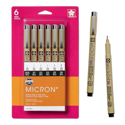 SAKURA Pigma Micron Fineliner Pens - Archival Black Ink Pens - Pens for Writing, Drawing, or Journaling - Assorted Point Sizes - 6 Pack - size: 6 Count (Pack of 1)