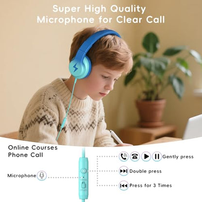 Candy Bila Kids Headphones, Wired Headphones for Kids with Microphone, 85/94dB Volume Limiter Headphone for Girls Boys, Foldable Headphone for Online Study, Gradient Blue - color: Gradient Blue
