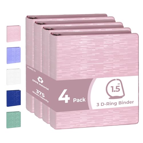 POPRUN D Ring Binder 1.5 Inch, 3 Ring Heavy-Duty PVC-Free (Fit 375 ct. 8-1/2"x11" Paper), 4 Pack with 2 Pockets for School Office Supplies, 4 Pack, Pink - color: Pink, size: 1.5 inch