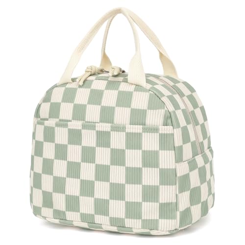 Corduroy Lunch Box for Women Girls, Cooler Lunch Bags Reusable Insulated Lunchbox for Picnic School Work Travel (Checkered Green) - color: Corduroy Checkered Green