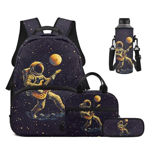 17 Inch Kid's 4PCS Backpack Set, Back to School Essentials | Insulated lunch box, water bottle pouch, pencil case, lightweight, padded shoulder straps, for elementary, middle school - color: Astronaut Starry