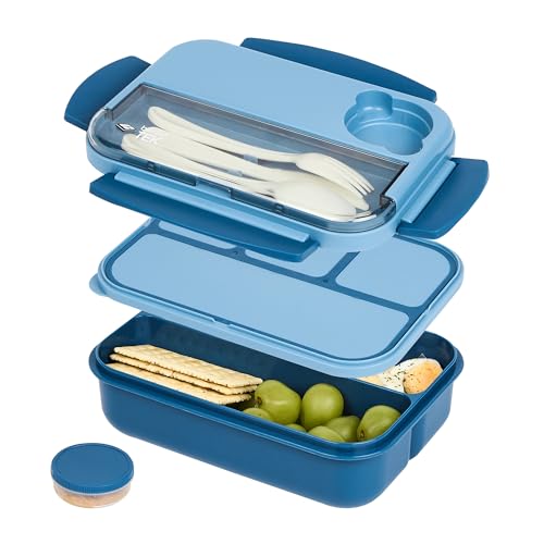 Restaurantware Bento Box 1 Count 44 Ounce Plastic Lunch Box With Cutlery, Leakproof Microwave-Safe Meal Prep Container Reusable Versatile Blue for Travel - size: 1 Count, style: 44 oz - Blue