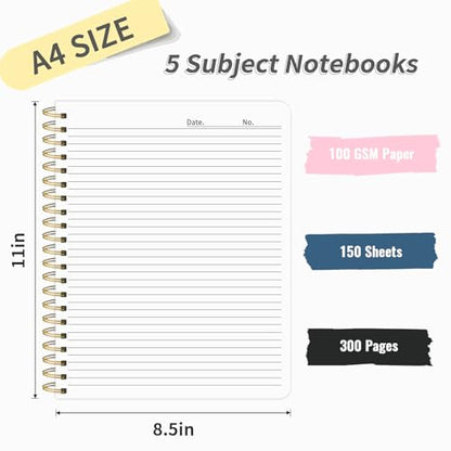 5 Subject Notebook College Ruled, 300 Pages A4 Hardcover Spiral Notebook with Removable Dividers Tabs, 8.5" x 11" Large 100GSM Lined Journal Notebooks for Work School - color: blue
