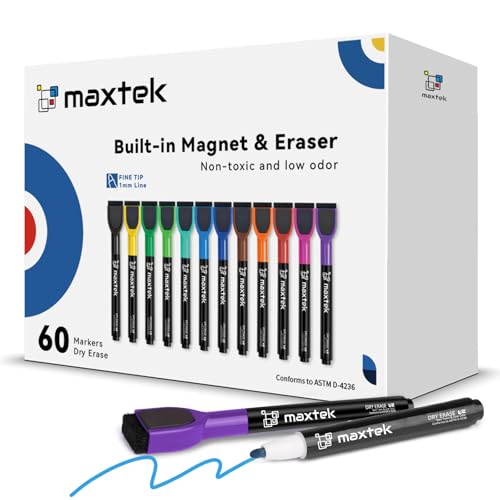 maxtek Magnetic Dry Erase Markers, Fine Tip, 12 Colors, 60 Count | Low Odor, Whiteboard Markers, Built-in Eraser - style: 60 Count 12 Colors