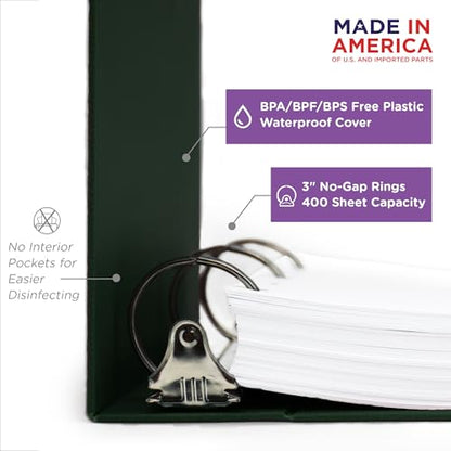 Carstens 3-Inch Heavy Duty 3-Ring Binder - Side Opening, Forest Green, Durable Plastic, Precision No-Gap Rings, Waterproof Cover, No Pockets, Holds 400 US Letter Sheets, BPA-Free Made in USA (1738-3R) - color: Hunter Green, size: Case of 14