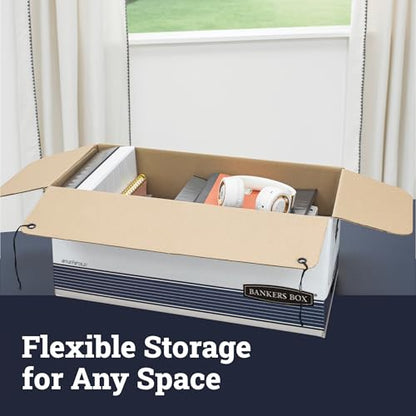 Bankers Box 12-Pack String & Button Medium-Duty File Box, Letter, FastFold | Keep important records buttoned up with secure closure, FastFold setup, reinforced handles, and stackable strength.
