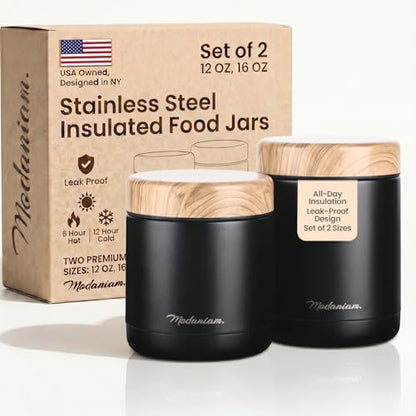 Modaniam Stainless Steel Insulated Food Jar Set of 2 (16oz + 12oz), Wide Mouth, Soup Thermo for Hot Food, Lunch Container, Insulated Soup Bowl, Hot and Cold Insulated Lunch Box For Adults, Black - color: Black Beauty
