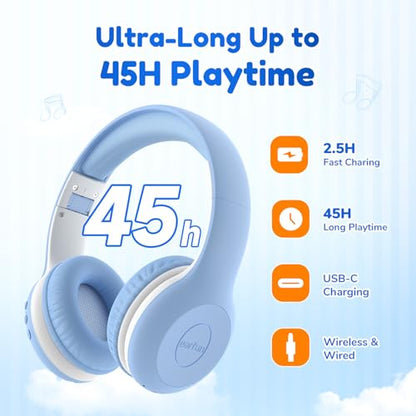 EarFun K2 Kids Bluetooth Headphones, Kids Headphones with Volume Limited, 40H Playtime, Built-in Mic, Stereo Sound, Foldable Over-Ear Headphone for School/Travel/iPad/Tablet, Sky Blue - color: Sky Blue