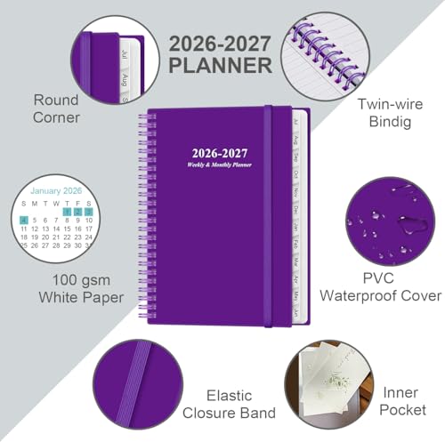2026-2027 Planner - A5 Weekly & Monthly Planner Spiral Bound, July 2026 - June 2027, with Flexible Cover, Tabs, Inner Pocket, 6.4" x 8.5", Purple - color: Purple, size: 6.4" x 8.5"