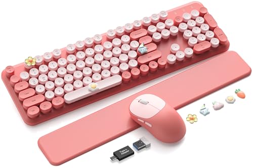 Wireless Keyboard and Mouse Combo, Typewriter Keyboard with Magnetic Wrist Rest, Full-Size Cute Round Keycaps, Sleep Mode, 2.4G Keyboards for Mac/Windows/PC, Office or Home, Trueque CK23Pro - color: Colorful-Pink