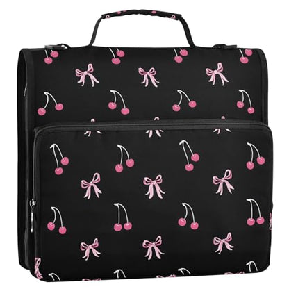 Black Pink Bow Cherry Zipper Binder Bag 3 Ring Binder with Shoulder Strap Zip Up 500 Sheets Capacity Multi Pockets for School Office Supplies - color: Multi1816, size: Fit 500 Sheets