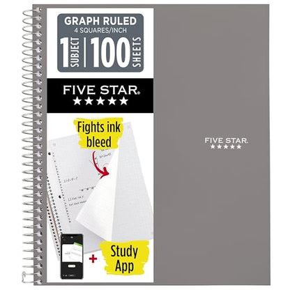 Five Star Spiral Notebook + Study App, 1 Subject, Graph Ruled Paper, 8-1/2" x 11", 100 Sheets, Fights Ink Bleed, Water Resistant Cover, Gray (620000AA3) - color: Gray, size: Pack of 1