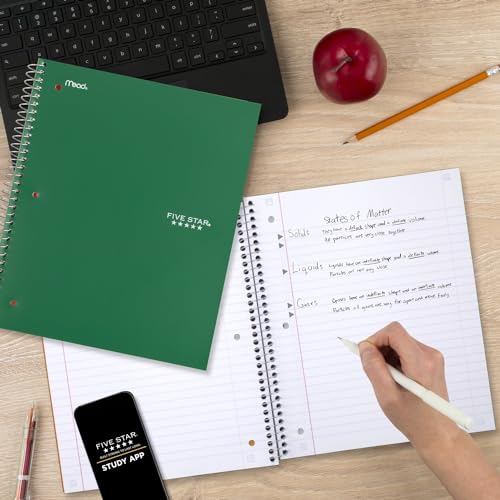Five Star Spiral Notebook 3 Subject Wide Ruled | Forest Green | 150 Sheets | Water Resistant Cover | Pack of 6 - color: Green, size: 8" x 10-1/2" (Pack of 6)