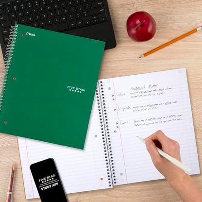 Five Star Spiral Notebook 3 Subject Wide Ruled | Forest Green | 150 Sheets | Water Resistant Cover | Pack of 6 - color: Green, size: 8" x 10-1/2" (Pack of 6)