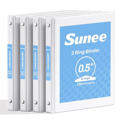 SUNEE 1/2 Inch Binders 3 Ring 4 Pack, PVC-Free Clear View Half Inch Binders (Fits 8.5x11 Inches) for School, Office & Home Use, White - color: White, size: 0.5 Inch, style: 4 Pack