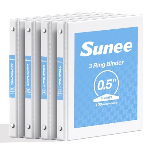 SUNEE 1/2 Inch Binders 3 Ring 4 Pack, PVC-Free Clear View Half Inch Binders (Fits 8.5x11 Inches) for School, Office & Home Use, White - color: White, size: 0.5 Inch, style: 4 Pack