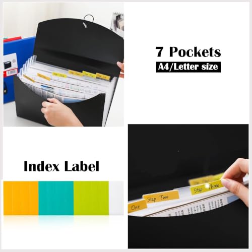 2 Pack 7 Pockets Accordion File Organizer, TRANBO Letter Size/A4 Expanding File Folder with Index Tabs, Expandable Plastic Document Organizer for Business Travel School Office Home, Black - style: 2 Pieces Black