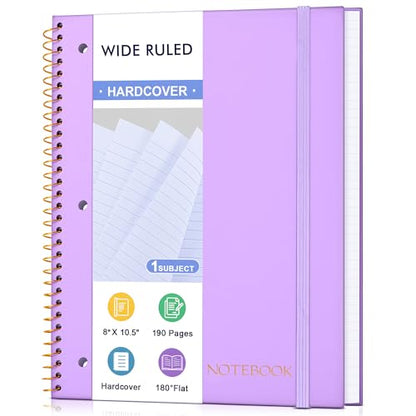 MUAHLIUB Spiral Notebook Wide Ruled Paper 8" x 10 1/2", 1 Subject Spiral Notebook, 3-Hole Punched Perforated Pages Ideal for School, Office, Writing, 95 Sheets Lined Journaling Notebook, Purple - color: Purple