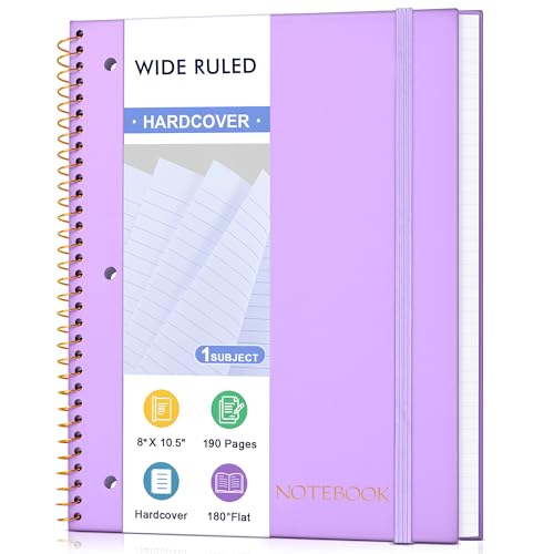 MUAHLIUB Spiral Notebook Wide Ruled Paper 8" x 10 1/2", 1 Subject Spiral Notebook, 3-Hole Punched Perforated Pages Ideal for School, Office, Writing, 95 Sheets Lined Journaling Notebook, Purple - color: Purple