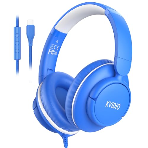 KVIDIO Wired USB C Headphone with Microphone, Over Ear Foldable Type C Corded Headphones with 4.9ft Tangle-Free Cord for Tablet Laptop School Airplane Travel, Blue - color: Blue White