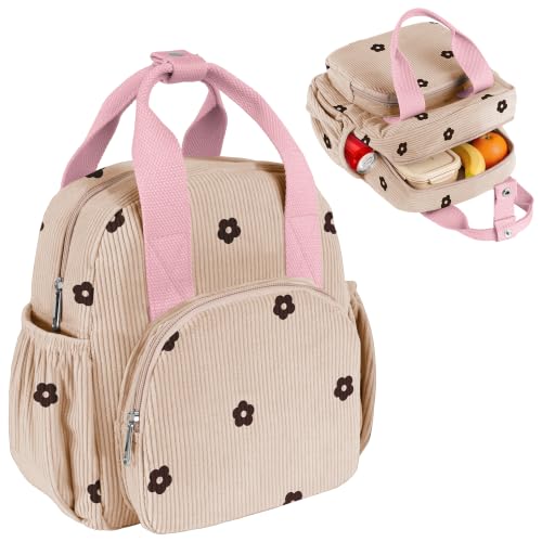 Insulated Corduroy Lunch Bag for Teen Girl Kid Women, Large Lunch Box, Reusable Portable Leakproof Lunchbox for School Travel Office Picnic (Flower Khaki) - color: Flower Khaki