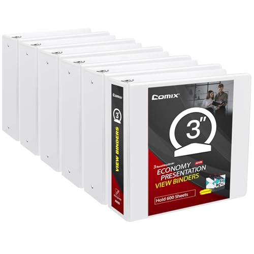 Comix Sturdy 3 inch Round Ring View Binder, Basic 3 Ring Binder 600-Sheet Capacity, Fit 8.5" x 11" Paper, 6 Pack (White) - color: White, size: 3 Inch, style: 6 Pack