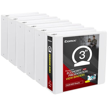 Comix Sturdy 3 inch Round Ring View Binder, Basic 3 Ring Binder 600-Sheet Capacity, Fit 8.5" x 11" Paper, 6 Pack (White) - color: White, size: 3 Inch, style: 6 Pack