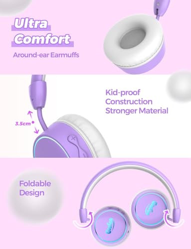 Kids Bluetooth Headphones, 85dB Volume Limited, 68 Hours Playtime, Bluetooth 5.4, Colorful LED Lights Toddler Headphones Wireless with Microphone, Birthday Gift for 1-13 Year Olds (Purple)