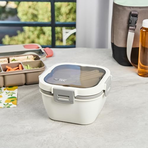 Restaurantware-Bento Tek 57.5 Ounce Bento Box, 1 Reusable Lunch Container - With Fork And Knife, Does Not Contain BPA, White And Gray Plastic Reusable Lunch Box, Microwavable, Dishwashable - size: 1 Count, style: 58 oz - White