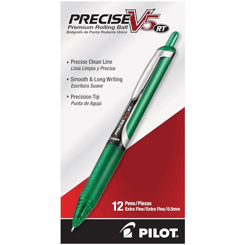 Pilot Precise V5 RT Refillable & Retractable Rollerball Pens, Extra Fine Point Pens 0.5 mm, Green, Pack of 12 - Ideal for School, Journaling & Office Writing - color: Green, size: 12 Count (Pack of 1)