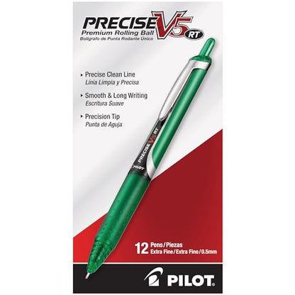 Pilot Precise V5 RT Refillable & Retractable Rollerball Pens, Extra Fine Point Pens 0.5 mm, Green, Pack of 12 - Ideal for School, Journaling & Office Writing - color: Green, size: 12 Count (Pack of 1)