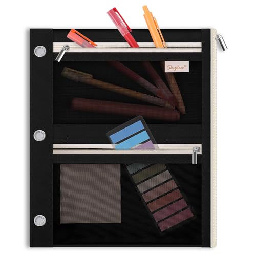 SKYDUE Pencil Pouch for Binder, Pencil Case, 3 Ring Binder Pencil Pouch with 3 Pockets and Mesh Window, Zipper Pencil Pouch, Durable Organizer for School Supplies, Cables, Earbuds, Makeup - color: Black
