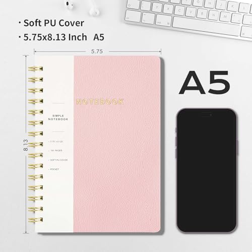 Spiral Notebook-5.75" x 8.125" College Ruled Journal with Inner Pockets and 160 Pages,PU Leather Cover Business Journal, Twin-Wire Binding Notebook Perfect for Office & Home School Supplies Light Pink - color: 007-Light Pink-1pack, size: A5-160 pages