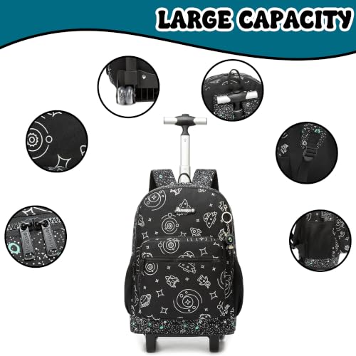 Kids Rolling Backpack for Boys 16.5" School Roller Backpack with Lunch Box, Toddler Backpacks with Wheels Rollig Wheeled Backpacks for Elementary School - color: Black Space