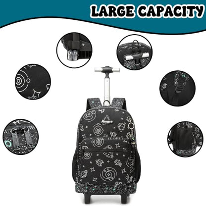 Kids Rolling Backpack for Boys 16.5" School Roller Backpack with Lunch Box, Toddler Backpacks with Wheels Rollig Wheeled Backpacks for Elementary School - color: Black Space