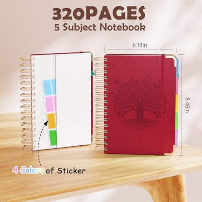 QIYVLOS Hardcover Spiral Notebook, A5 Journal with Removable Dividers Tabs, 5 Subject Notebook College Ruled, 320 Pages 6"x8" Leather Notebooks for Work School Study, Lined Journal for Women, Red - color: A5/Red