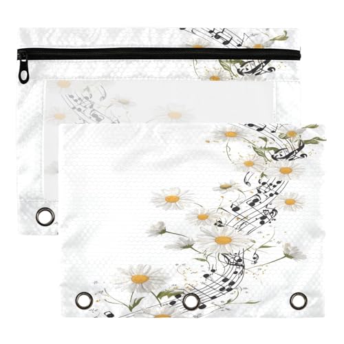 2 Pack Stylish Music Notes Daisy Flowers 3 Ring Binder Pencil Pouch Bags,Clear Window Storage Case with Zipper for Boys Girls Students School Office Supplies Organizers