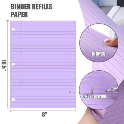 200 Sheets Wide Ruled Filler Paper, 8x10.5 Inch, 3-Hole Punched for Binders - 100 Purple & 100 Blue, Fights Ink Bleed, for School College Office