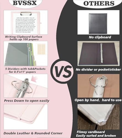 Leather 3 Ring Binder, 2 Inch Binders with Clipboards, 5-Tabs Pockets Dividers, 18 Divider Stikers, Plastic Folder, Pen Holder, Three Ring Binder with Pen Holder(Pink, Letter Size) - color: Pink, size: 2in（Letter Size）