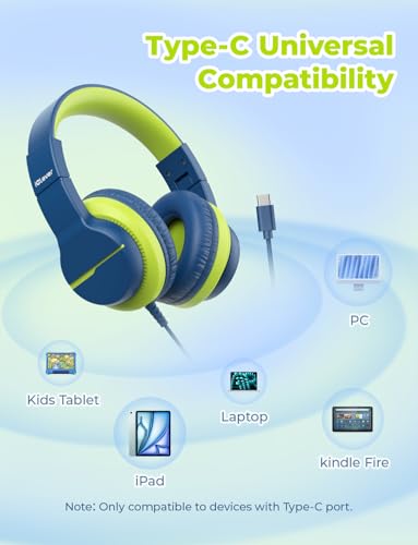 iClever USB C Headphones for Kids, Over-Ear for Boys Girls | Safe Volume 85dBA, Foldable, Wired, For iPad，HS19S - color: Blue USB C