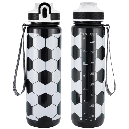 EYQ 32 oz Water Bottle with Time Marker, Carry Strap, Leak-Proof Tritan BPA-Free, Ensure You Drink Enough Water for Fitness, Gym, Camping, Outdoor Sports - color: soccer