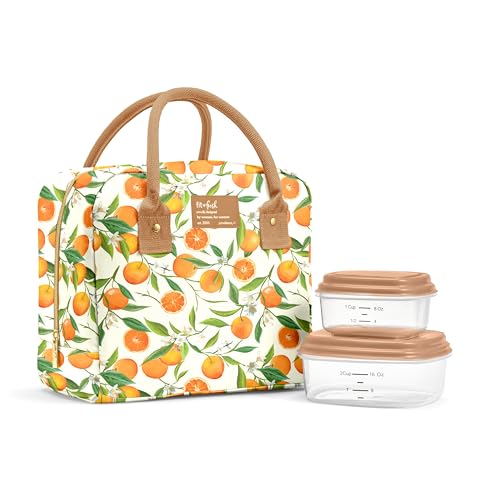 Fit & Fresh Bloomington Lunch Bag for Women - Insulated Large Lunch Box for Work with Containers, Leak-Resistant, Stain-Resistant, Zipper Closure, Orange Blossoms - color: Orange Blossoms